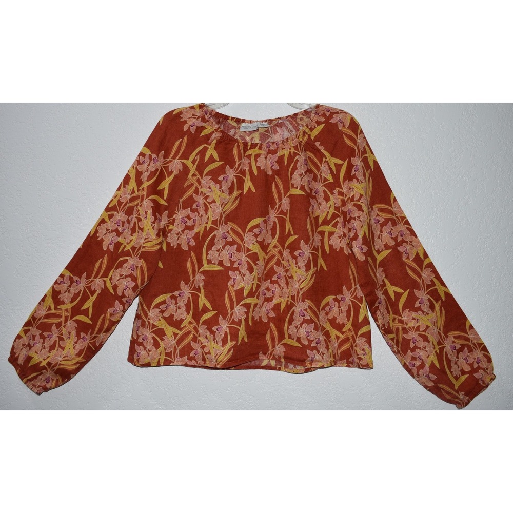 Rachel Zoe M Linen Top Terracotta Floral Cropped Length Balloon‎ Sleeve Boho